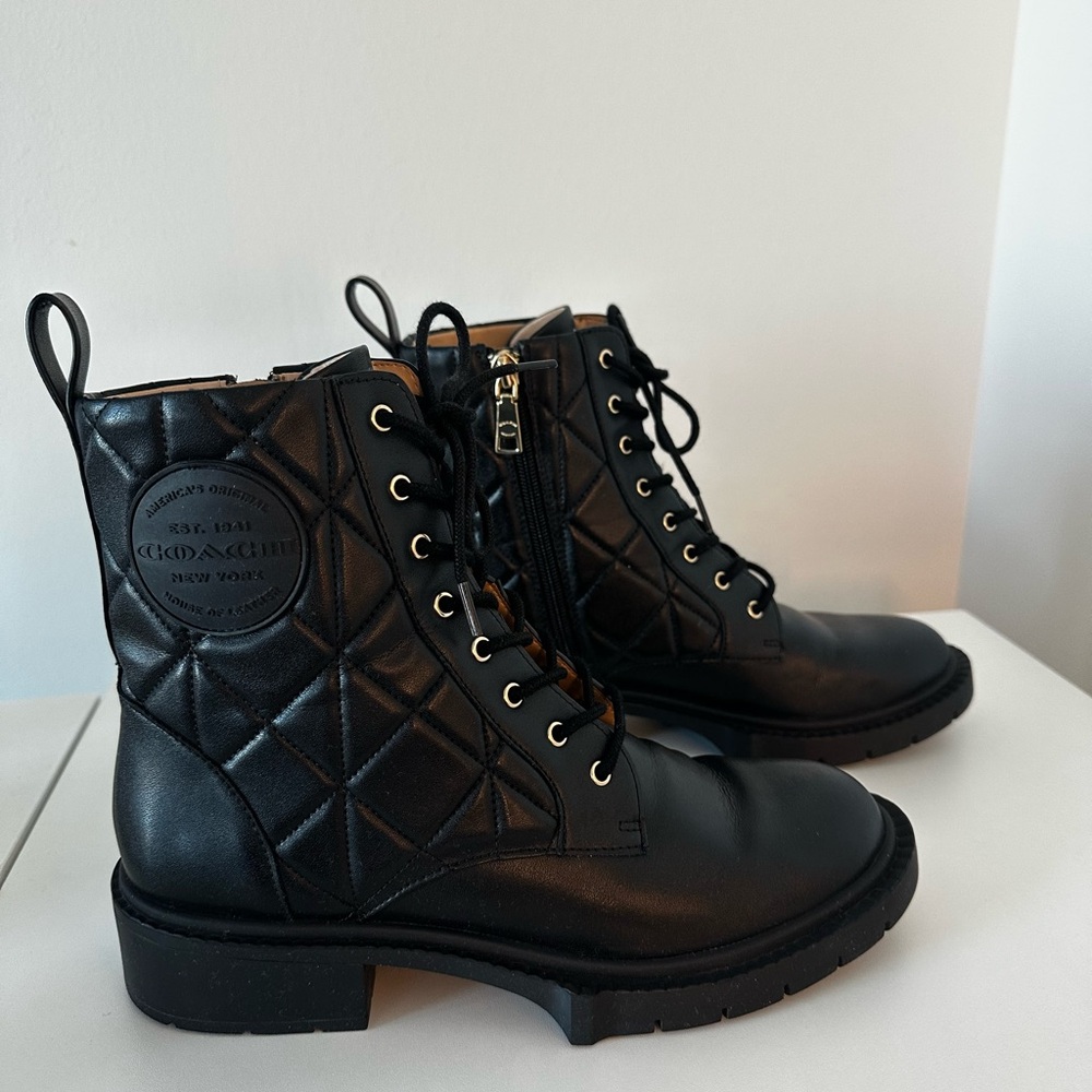 Coach Black Leather Quilted Combat Boots
